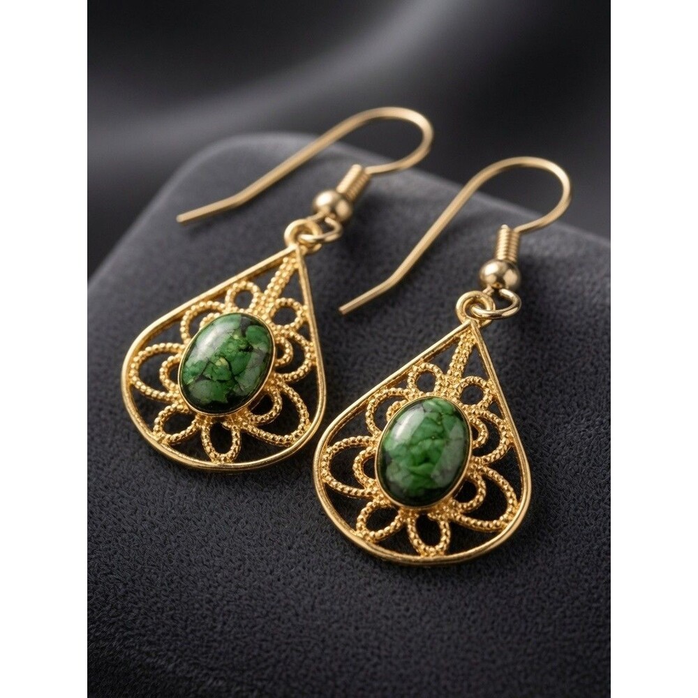 Vintage Gold Tone Filigree Teardrop Dangle Earrings Green Stone Cabochon Boho